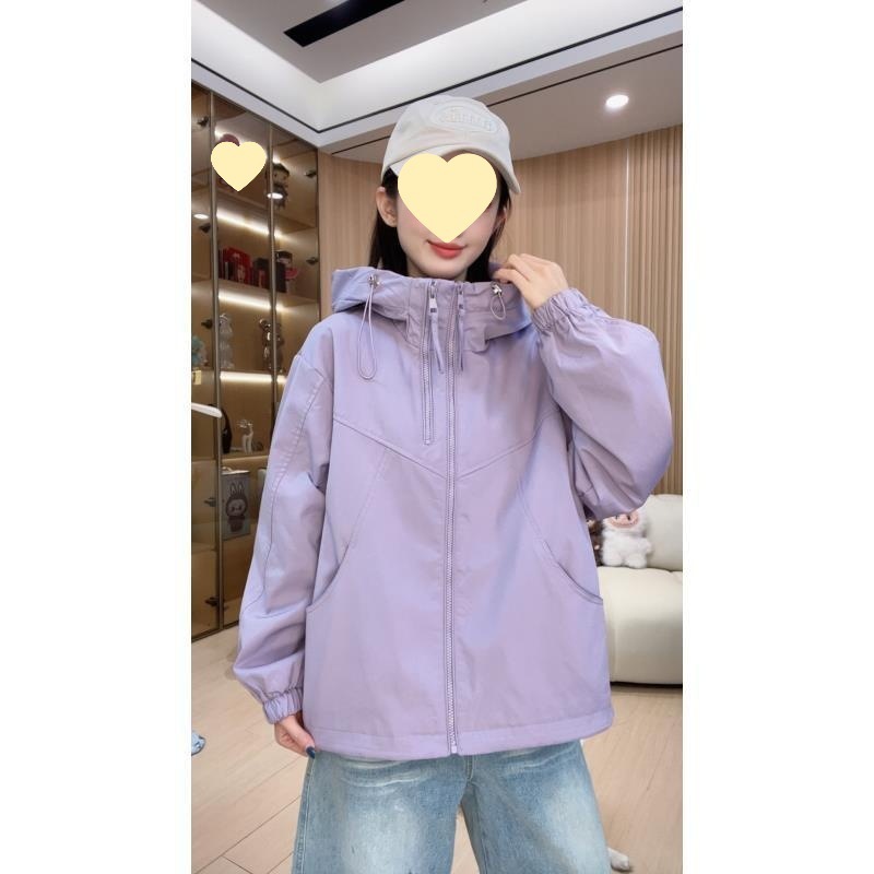 双拉链女款连帽春秋纯色短款休闲拼接防风韩版短外套高级感紫色|undefined