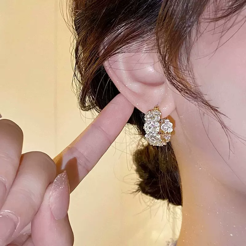 金色圆圈锆石耳扣女ins风轻奢超闪镶钻耳环高级小众设计气质耳饰