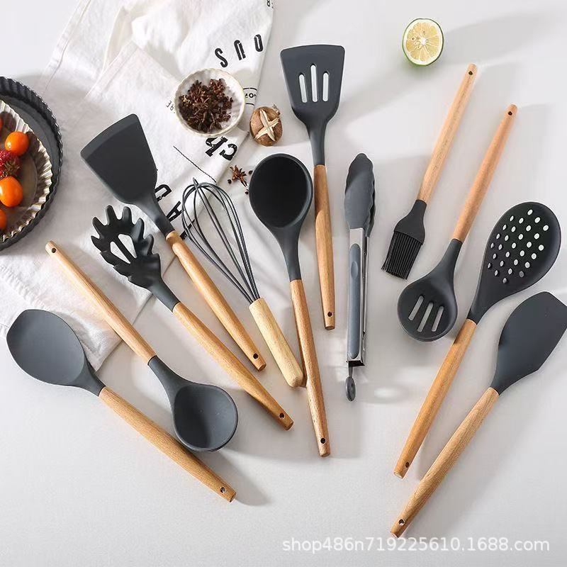 Spot transfronterizo mango de madera silicona herramientas de cocina para el hogar juego de 12 piezas olla antiadherente olla de cocción pala cuchara de sopa juego de utensilios de cocina
