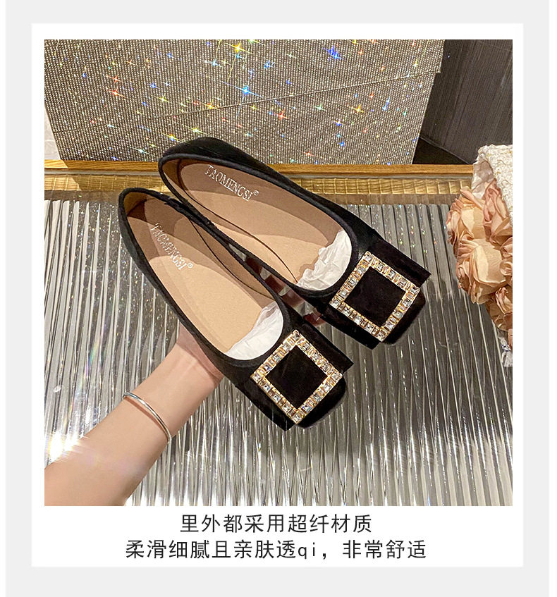 Giày búp bê nữ mũi vuông quai ngang miệng nông đính đá, đế bệt êm chân — Màu mơ, Màu đen chi tiết 17