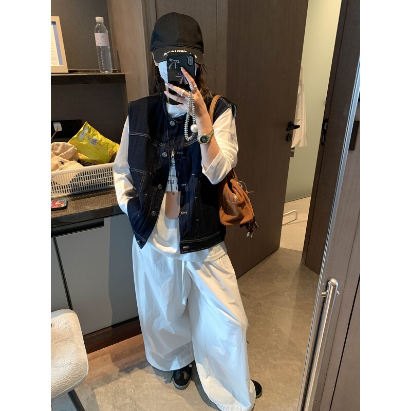 摩且 早秋新款 时髦设计感百搭圆领宽松无袖叠穿牛仔马甲MQ0667|undefined