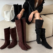 文青气质~ 中高筒靴女单靴子 方头欧货套筒韩版纯色宽筒中靴