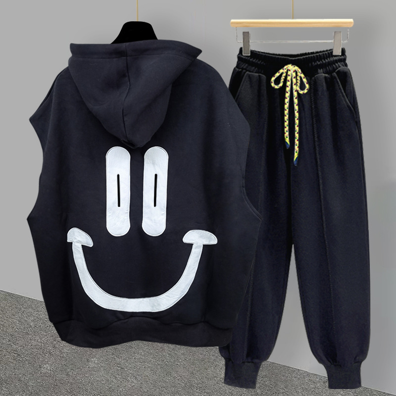 Smiling Face Hooded T-shirt Suit For Men In Summer Korean Styley Student Loose Waistcoat Vest With AHandsome Set