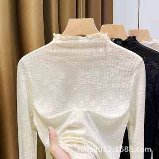 2023新款半高领蕾丝内搭小衫女薄款秋冬木耳边洋气网纱打底衫长袖