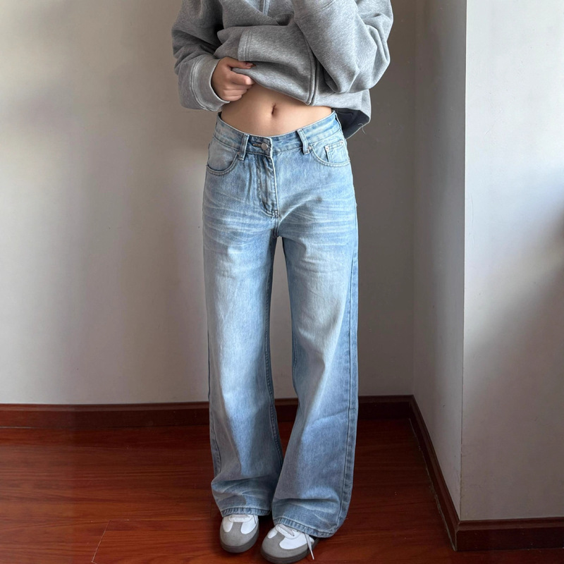 American Retro Straight-Leg Jeans 2025 Versatile High-End Loose Floor-Length Light Blue Long Pants
