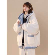 奶huhu的蓝色棉服女冬季加绒加厚两面穿棉衣设计感小众羊羔毛外套