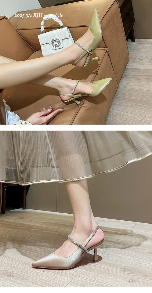 Sandal nữ bít mũi quai ngang đính đá, gót nhọn 6–8 cm — Màu kaki, Màu trắng be, Màu vàng nhạt chi tiết 12