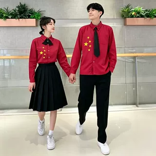 红色学院风毕业班服初中学生运动会合唱演出服高中生校服JK情侣装