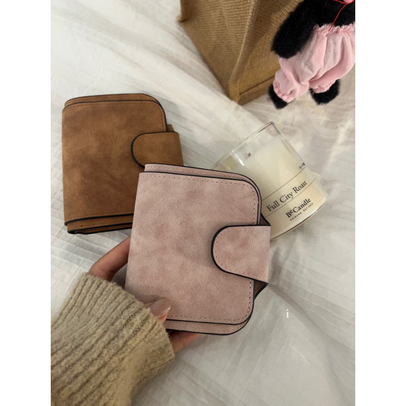 【店铺热销】InsShop日系复古棕色短款可折叠钱包女士卡包多批发