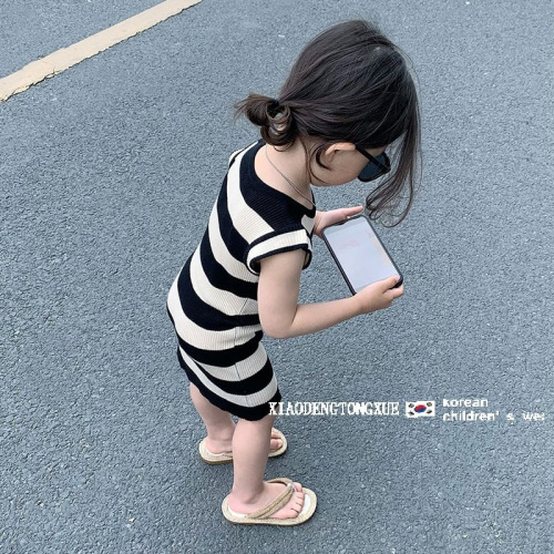 Girls summer small fragrant style striped skirt  new children's sleeveless waistcoat mid-length skirt hip skirt dress