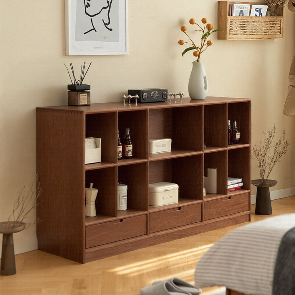 Japanese-Style North American Black Walnut Bookcase Solid Wood Floor-Standing Storage Bookshelf Living Room Display Cabinet Nordic Solid Wood Tv Cabinet