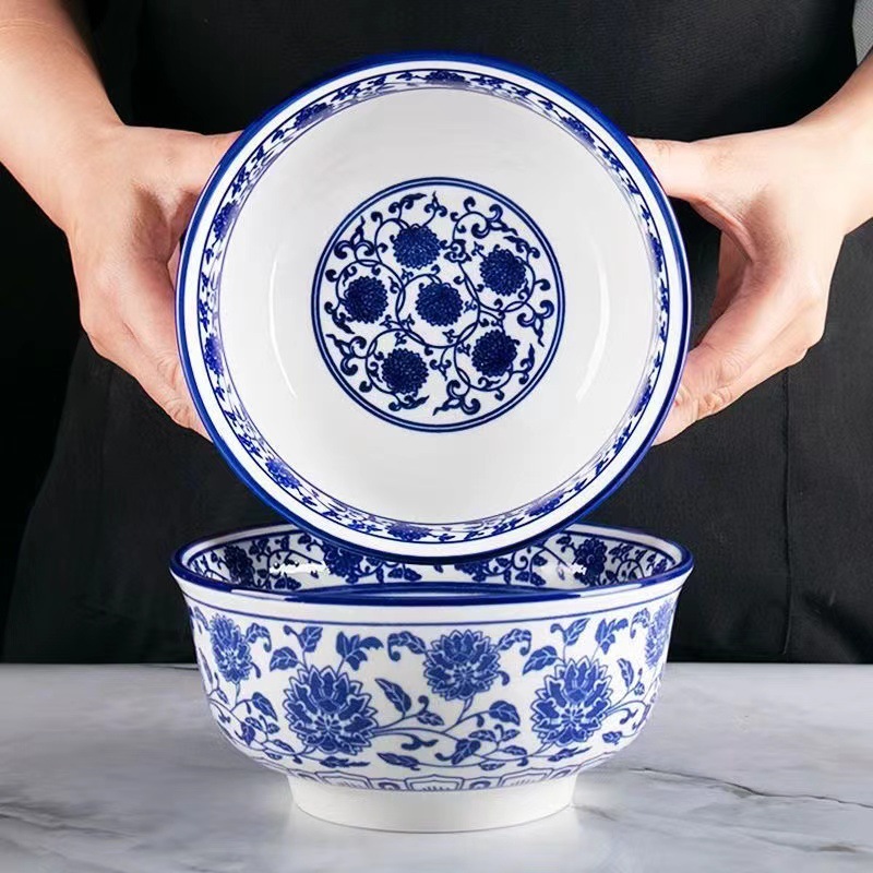 Blue and White Porcelain 7inch Ceramic Bowl Beef Soup Household Ceramic Large Bowl Dishwasher Safe Thickened Noodle Restaurant Noodle Bowl