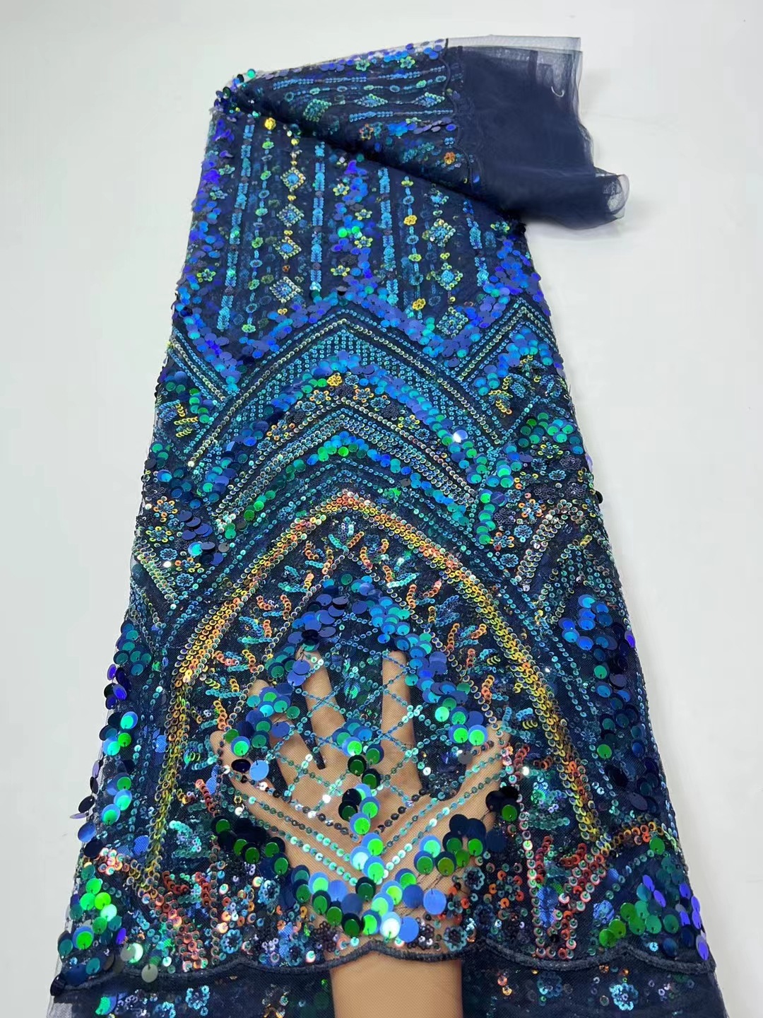 Europa y América colorido lentejuelas máquina bordada azul real encaje vestido de noche vestido de boda teñido encaje tela JX2507