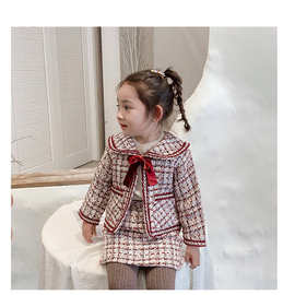 一件代发包邮宝宝小香风套装春秋女童洋气格子外套短裙两件套