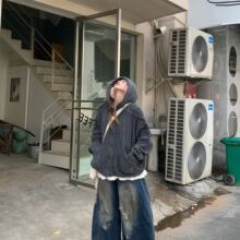 【羊羊世家】美式复古慵懒风秋冬连帽开衫毛衣外套女宽松针织衫上