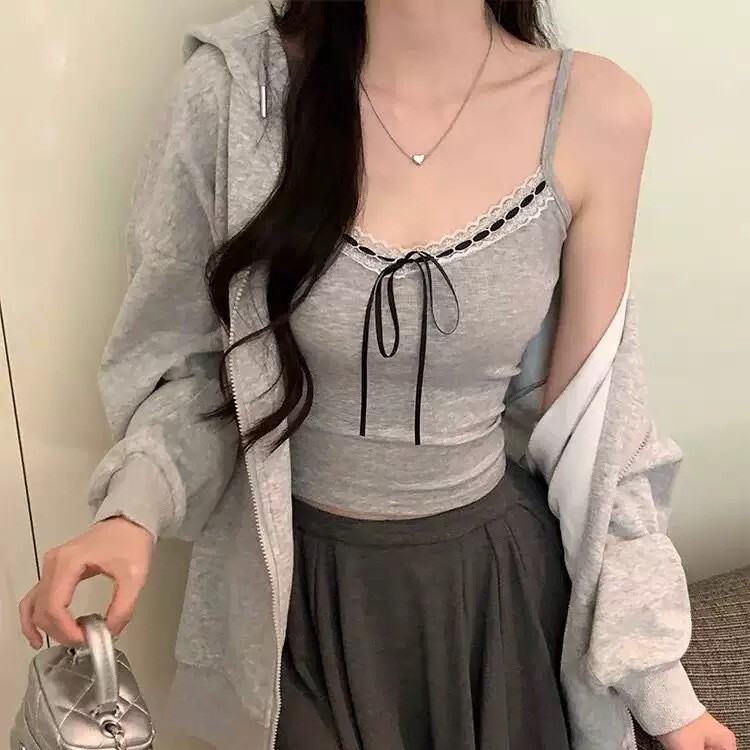 Women's Lace-Trimmed Camisole with Bow, Summer Sweet and Spicy Style, Slim-Fit Short Top with Beautiful Back Design