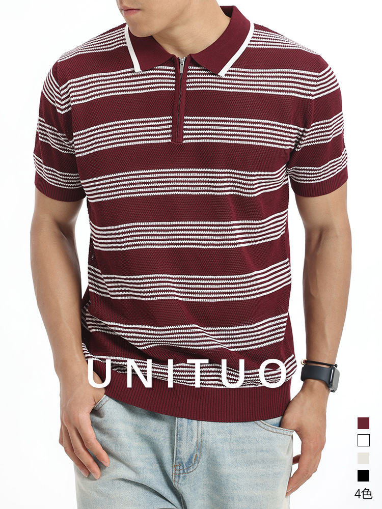 Hombres de alto nivel con cremallera con collar de hielo polo camisa de verano de punto de manga corta de negocios casuales chaqueta a rayas de hombre