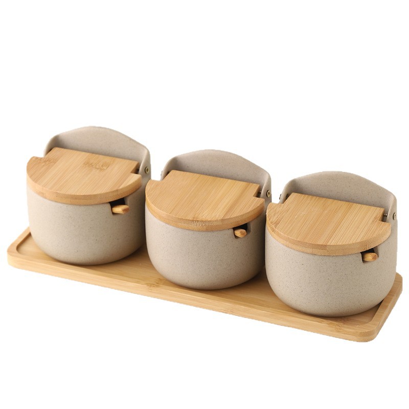 Tarro de condimento de tapa de madera de bambú de cerámica japonesa, caja de condimento, tanque de almacenamiento de condimento de cocina, juego de tarro de azúcar de sal para el hogar de restaurante