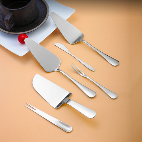Stainless steel toothed cake spatula dessert knife and fork triangle cheese pizza spatula birthday baking utensil set wholesale