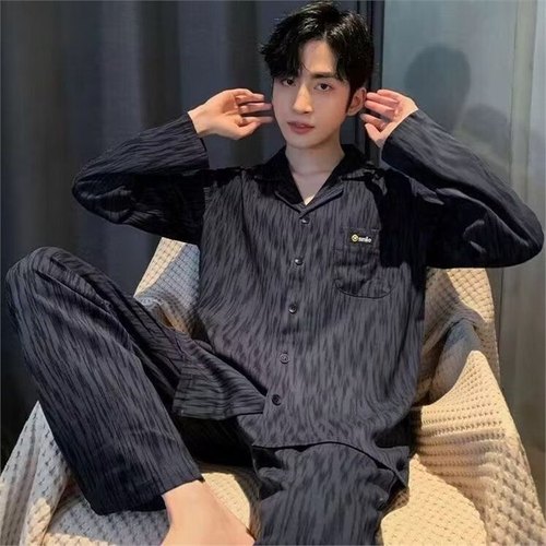 High-end pure cotton pajamas for men, suitable for spring and autumn, long-sleeved, all-cotton, large size, extra-large for plus-size men, can be worn outside, open sweater set, home clothes