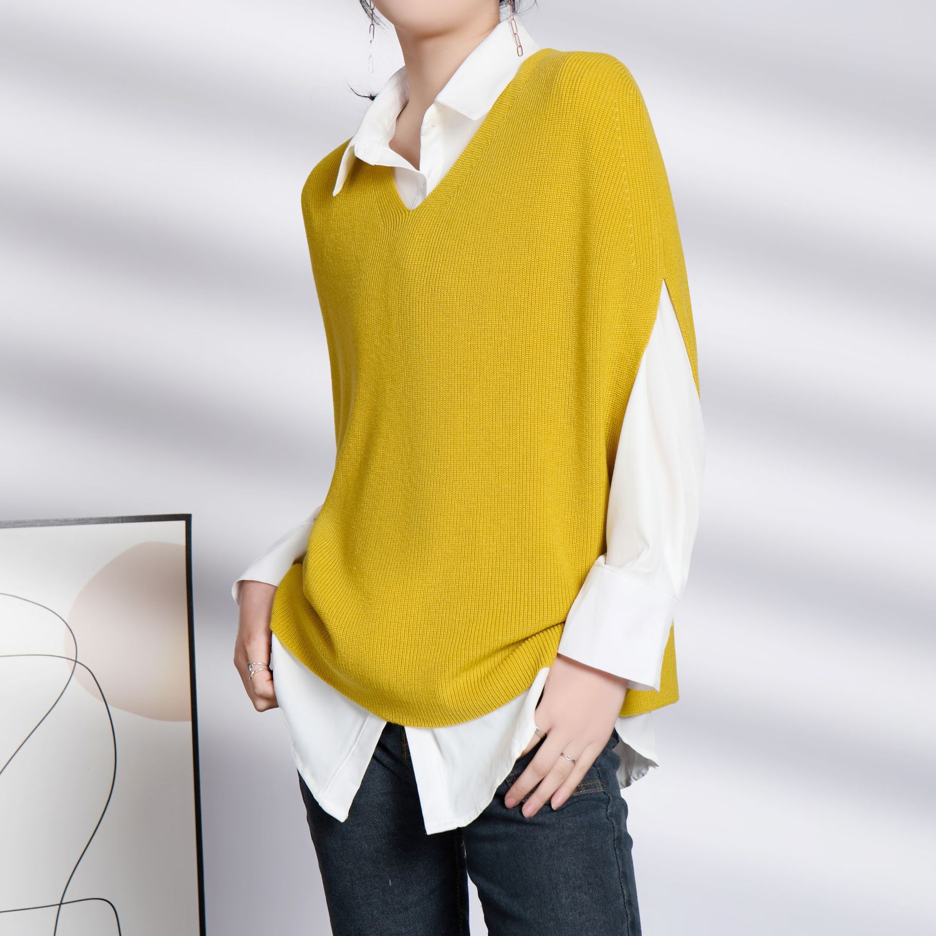 Nuevo estilo coreano Chaleco con cuello en V suéter blogger sentido alta ocultación carne moda casual de punto chaleco suelto ropa exterior de las mujeres image 10