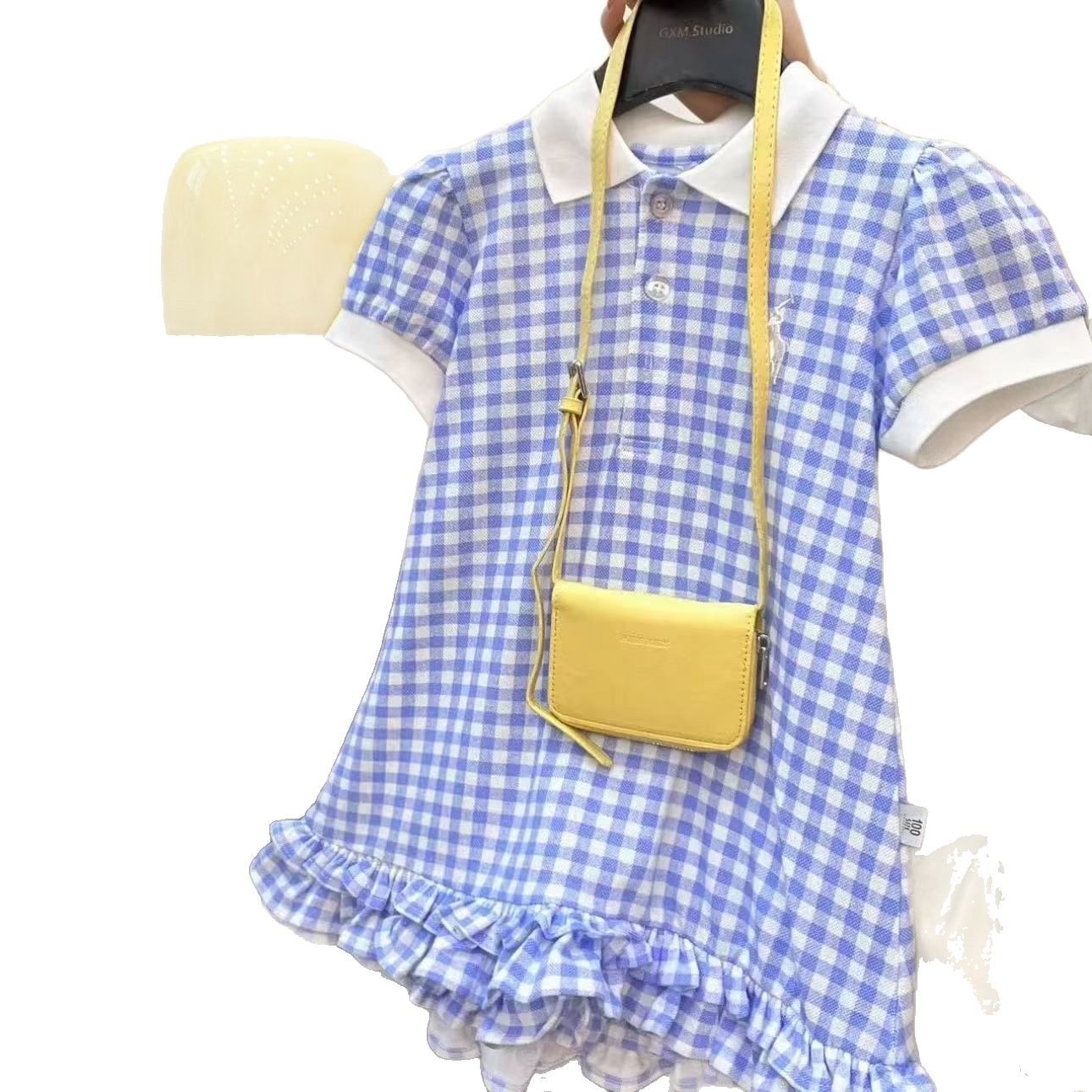 Xianning siete ropa para niños vestido de niña 25 verano nuevo estilo niña estilo extranjero vestido de encaje a cuadros con cuello Polo