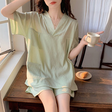 夏季新款睡衣女士家居服套装短裤纯色棉质简约可外穿韩版宽松短袖