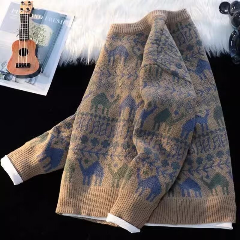 Vintage Thick Knit Sweater Loose Men's Trendy Versatile Autumn Winter New Hong Kong Style Lazy Style