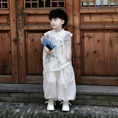 男の子の夏のスーツ2025の新型のごろつきのかっこいい子供の服の新しい中国式の国風の漢服の通気性の薄い金の防蚊のズボンの潮