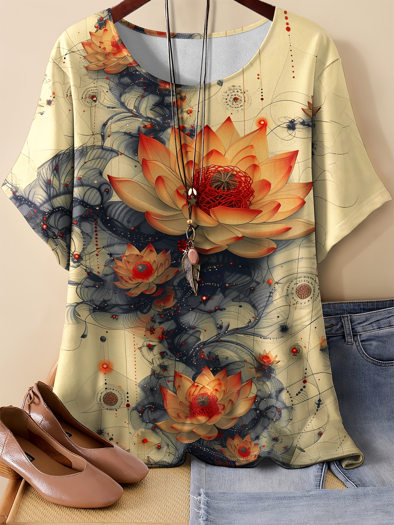 Floral & Crow Print Oversized T-Shirt – Soft Milk Silk Blend Short Sleeve Tee Unisex Oversized Cut_ecoleips.com