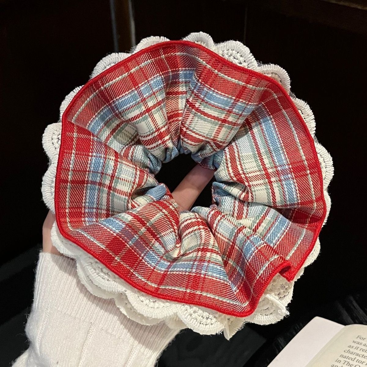 8#Retro red and blue contrast plaid four-layer lace hair tie about 16cm
