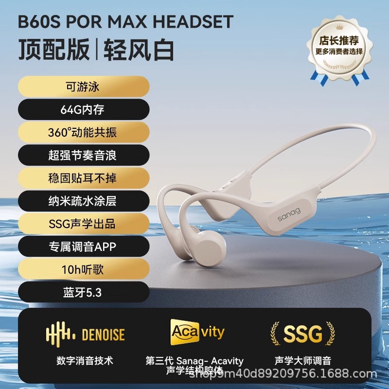 Sanag B60S [Level 8 Waterproof and Swimable] Bone Conduction Bluetooth Headset Open Type Non-In-Ear Sports
