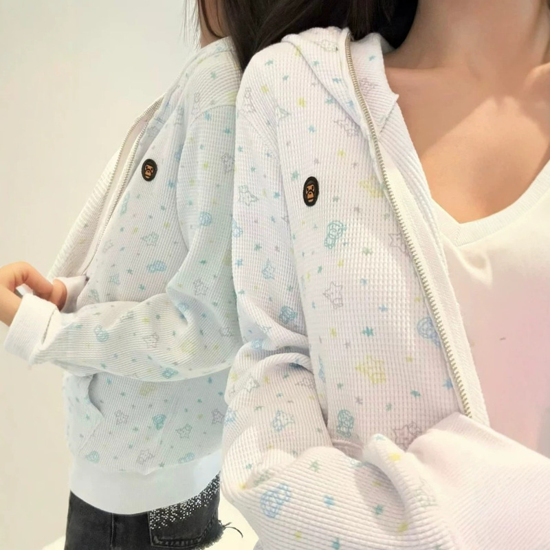 26 autumn and winter new bape design waffle cartoon print casual loose hooded zipper sweatshirt jacket for women