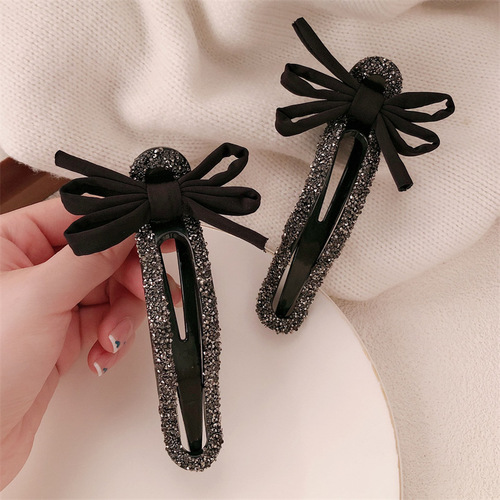 High-end full-pearl black bow duckbill clip lazy chic half-tied at the nape of the neck shark clip hair accessory