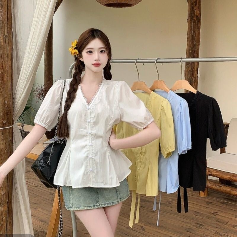Simon Lainer's New Summer Product, French Lace Patchwork Waist-Cinching Design Short-Sleeved Shirt, Gentle and Versatile, Plus Size