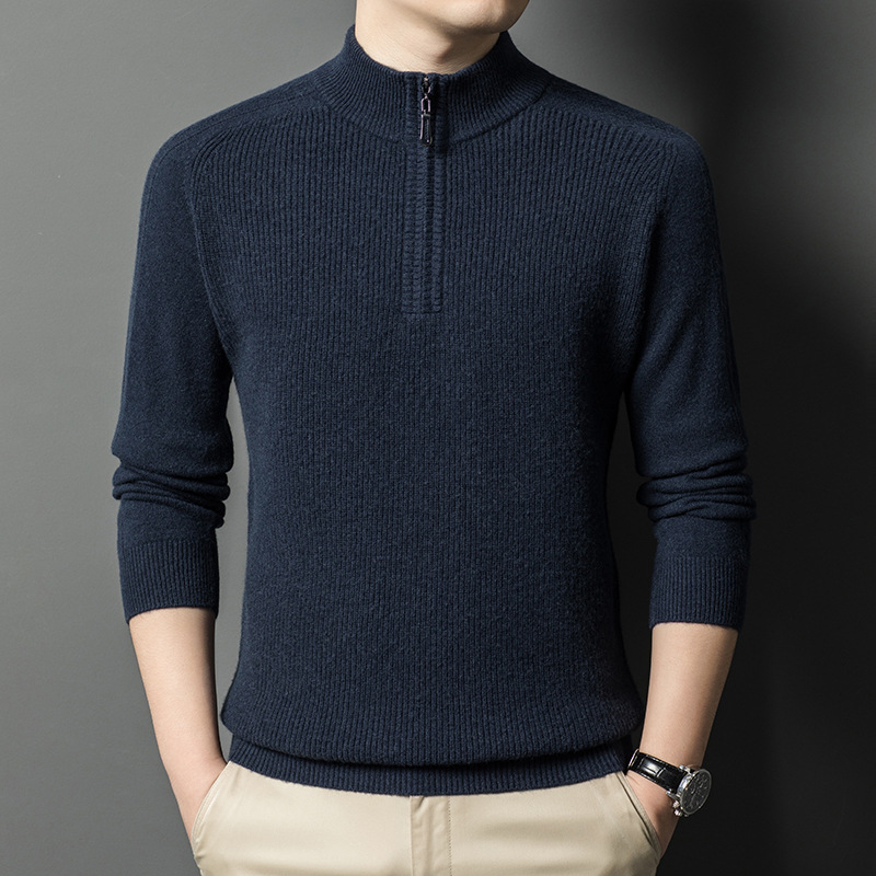 Winter woolen knitted casual solid color base sweater with zipper
