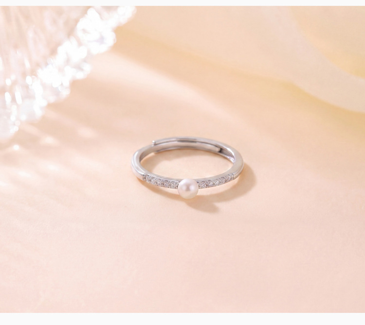 Nhẫn bạc S925 mạ vàng đính ngọc trai nước ngọt tự nhiên kiểu hở mũi đơn giản thời trang — Bạc chi tiết 4