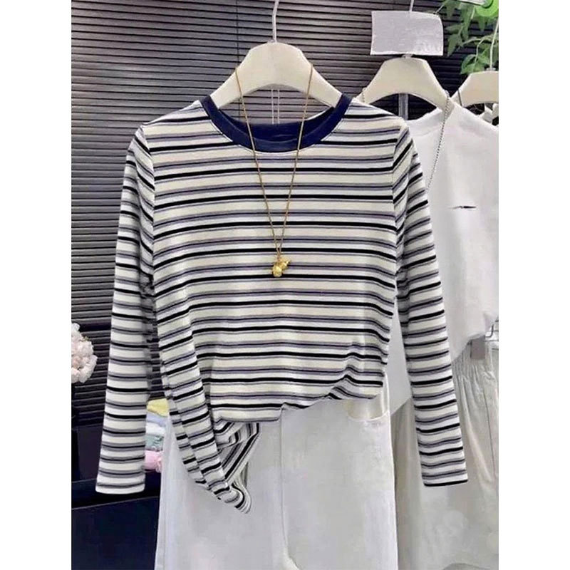 Round-neck, contrast-striped, long-sleeved women's T-shirt, 2026 new vintage ins design, slimming pure cotton top Round-neck, contrast-striped, long-sleeved women's T-shirt, 2026 new vintage ins design, slimming pure cotton top