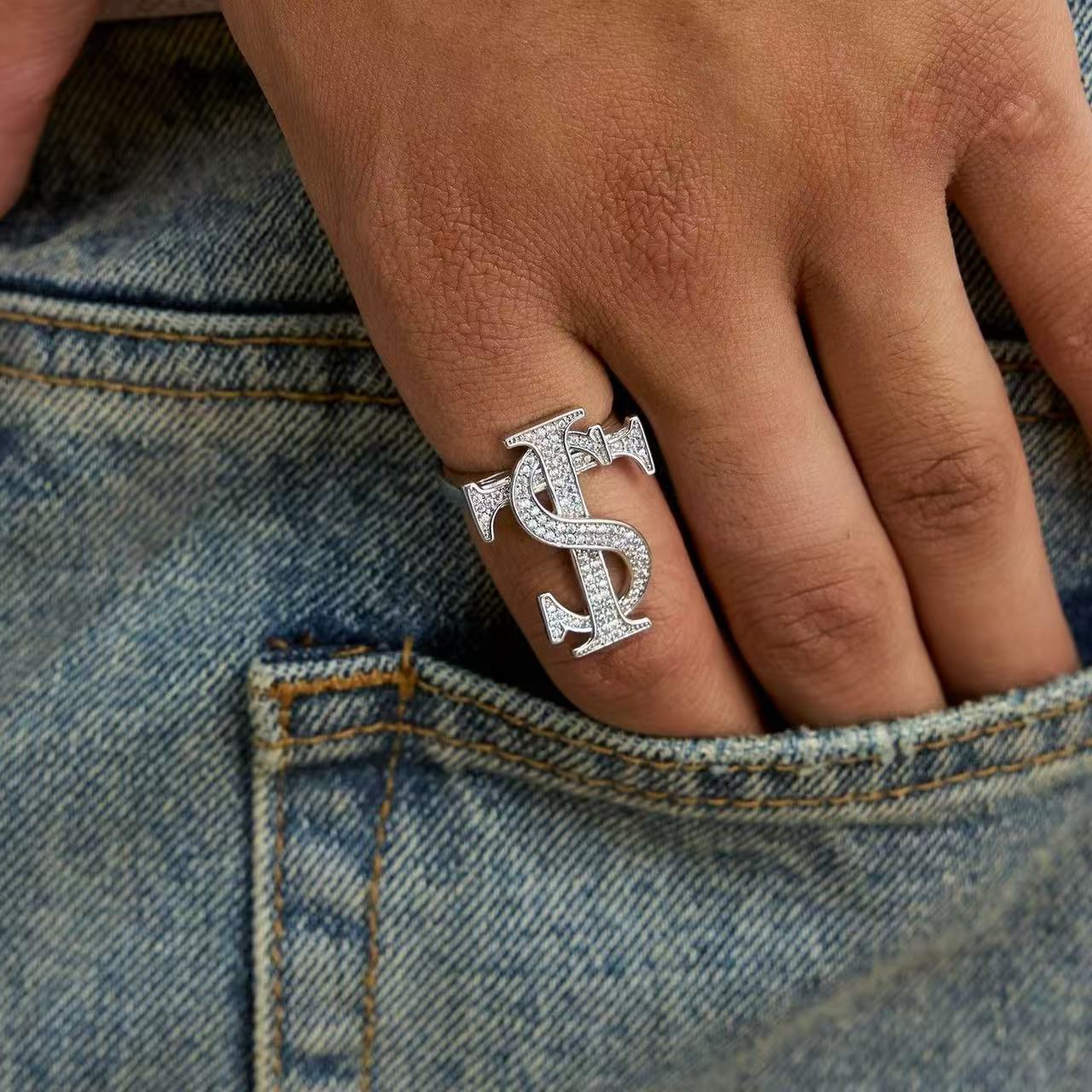 European and American Cross-Border Full Diamond Stk Ring Zircon Flash Diamond Trendyy Men's and Women's Index Finger Ring Personalized Hip-Hop Street Ring