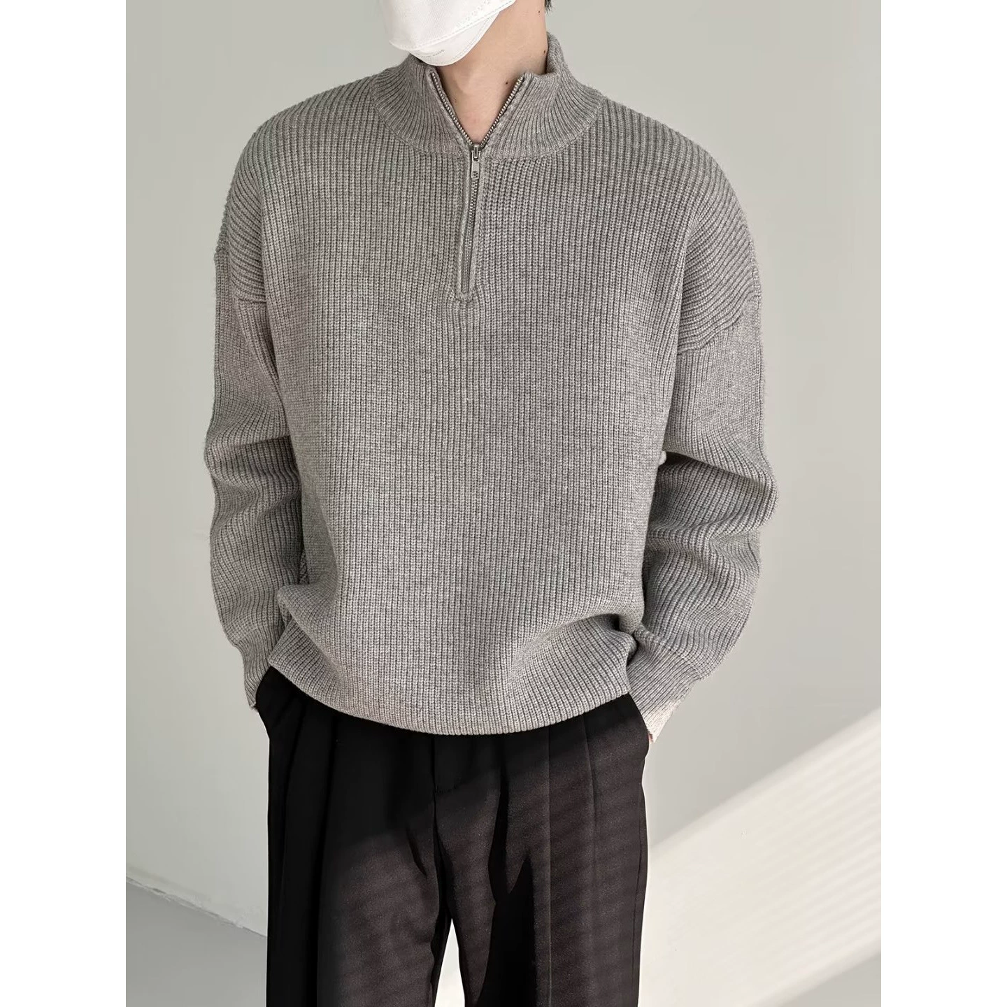 Осенний новый дикий полузастежка на молнии свитер с высоким воротником мужской тренд сплошной цвет простой вязаный свитер куртка ленивый топ