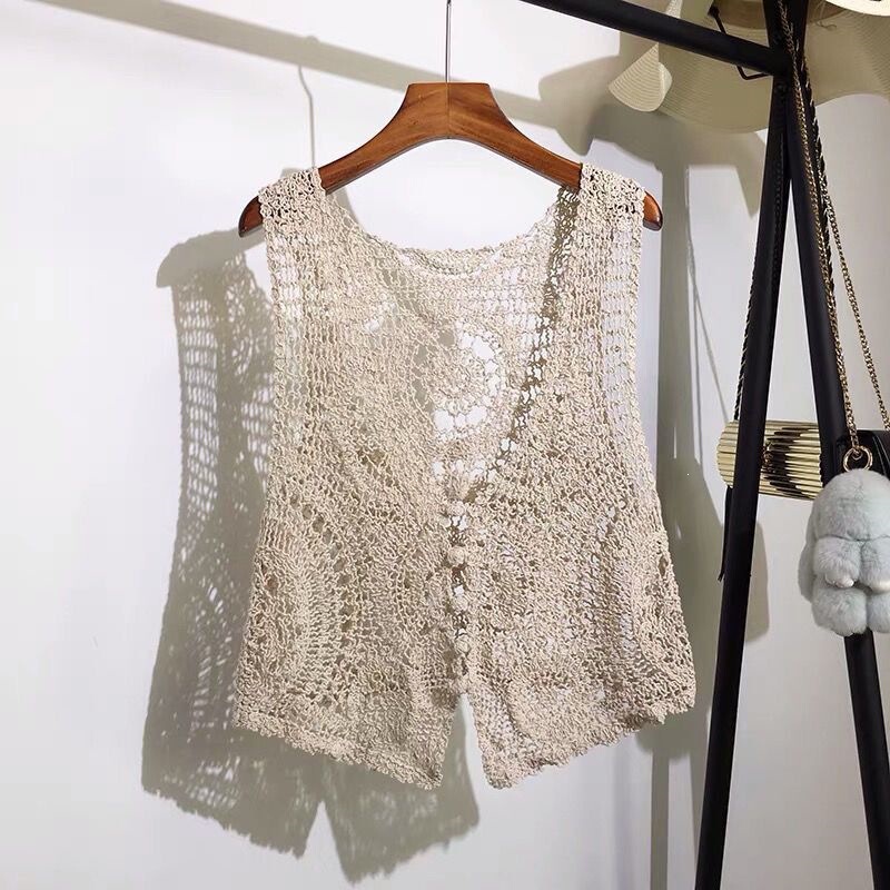 Cross-Border Cotton and Linen Korean-Style Retro Knitted Hollow-Out Japanese Loose-Fitting Slimming Sleeveless Vest