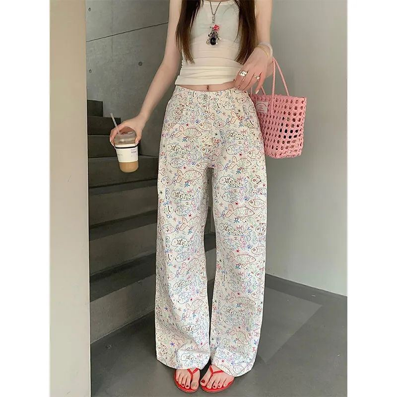 2025 New Spring and Summer Printed Graffiti Fish White Casual Pants Women's Straight Wide Leg Slim-fit Underfloor Jeans