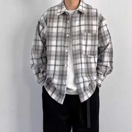 美式格子衬衫男士2024春秋季新款复古长袖格衬衣青年外套男褂子