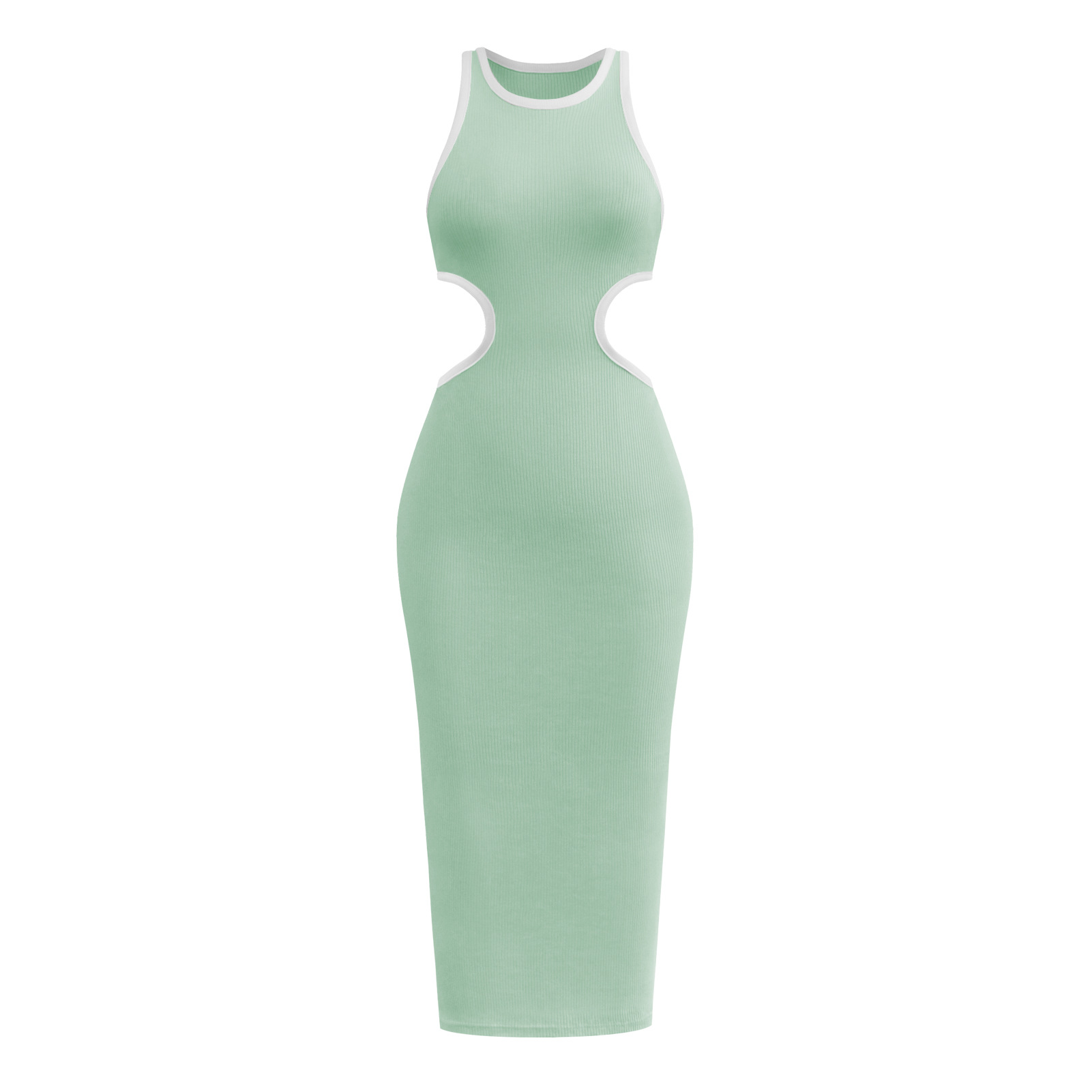 Moda europea y americana nuevo jersey con cuello redondo ajustado hueco sin espalda vestido de corredor sexy que cubre la cadera falda acanalada de longitud media