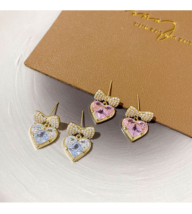 Sweet Heart Shape Bow Knot Copper Plating Inlay Artificial Pearls Zircon Drop Earrings 1 Pair