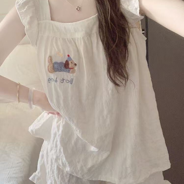 Pajamas for Women New Summer Style Cloud Cotton Camisole Sweet Cartoon Dachshund Pajamas Home Wear Set