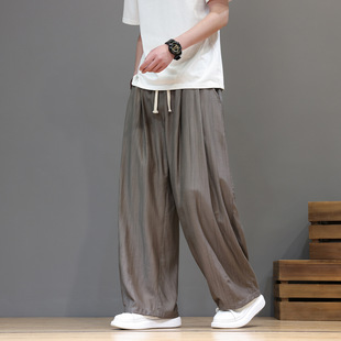 Summer silk trousers for leisure, oversize, Chinese style, loose straight fit