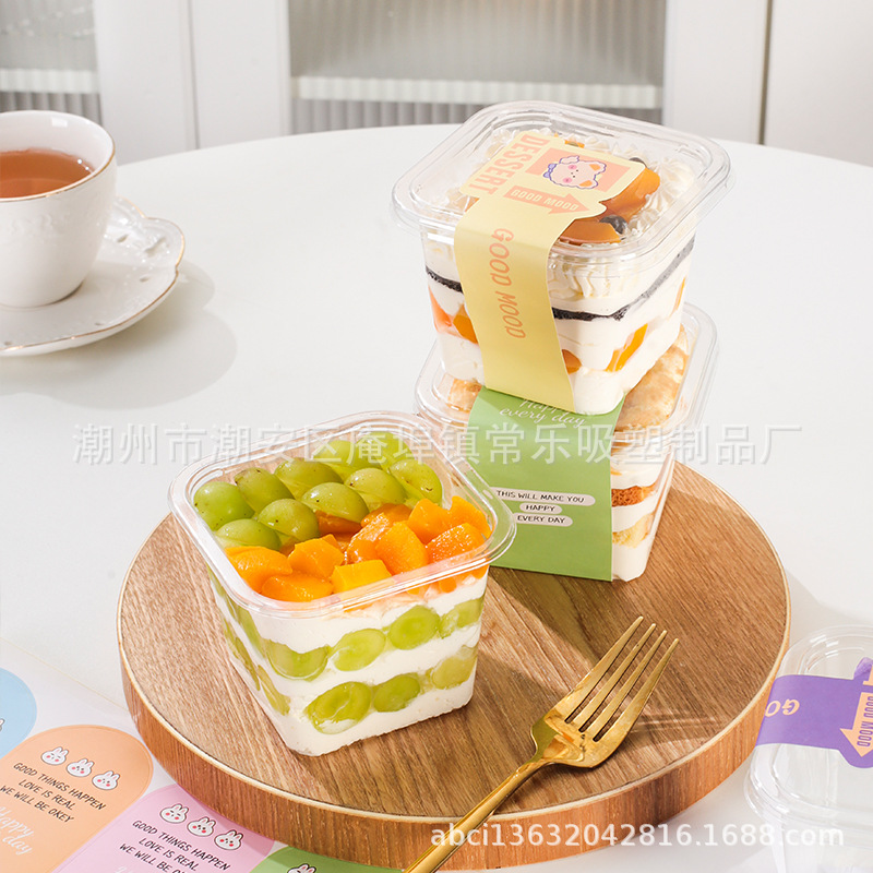 Caja de embalaje de pastel de leche de soja cuadrada mousse, taza de paja de madera tiramisu transparente desechable y gruesa para hornear caja de punto oeste