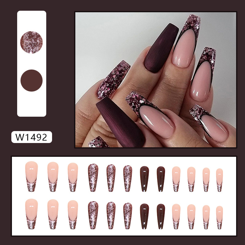 Nail ballet fake nails, long T patches, French glitter nail patches_voghion.com