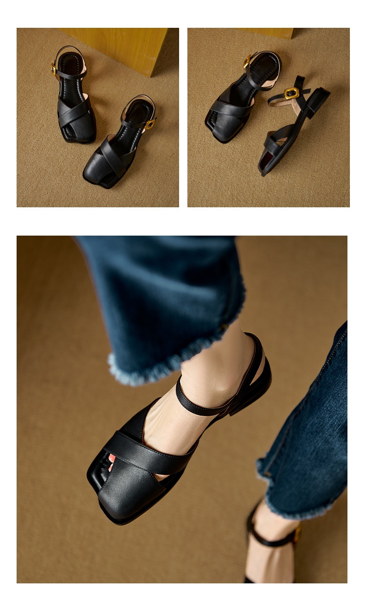 Sandal nữ da bò bít mũi quai ngang đế bằng — Màu nâu chi tiết 11